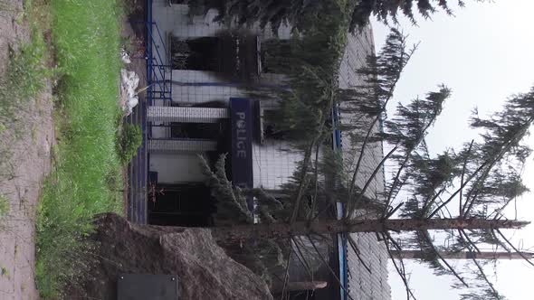 Vertical Video of a Burned Down Police Station in Ukraine During the War