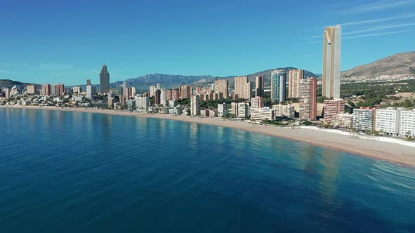 Spanish City Benidorm Buildings and Sandy Beach Poniente. Aerial View