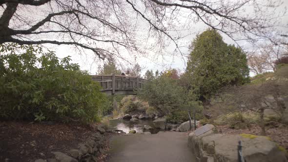 Bridge over small pond with duck in Victoria park, Vancouver on cloudy day