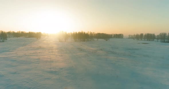 Aerial Drone View of Cold Winter Landscape with Arctic Field, Trees Covered with Frost Snow and