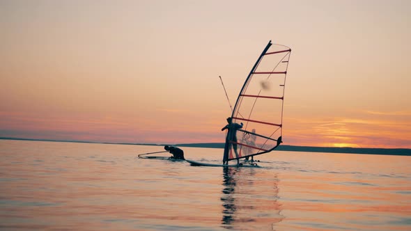 Group of Windsurfers with One of Them Getting Back Up