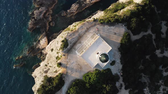 Top down view of Cape of Ducato, famous lighthouse of Greek island Lefkada.