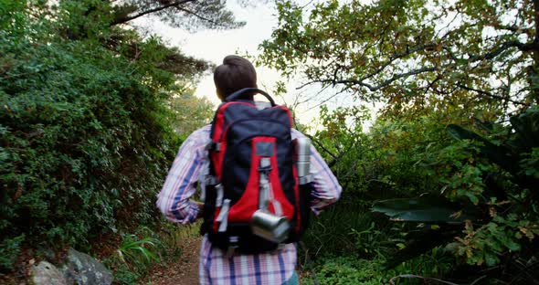 Rear view of hiker walking