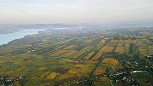 Aerial drone view of the Duruitoarea natural reservation in Moldova. River and fog in the air, hills