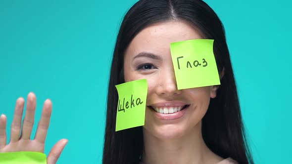 Happy Female With Sticky Notes, Learning Body Parts in Russian, Education