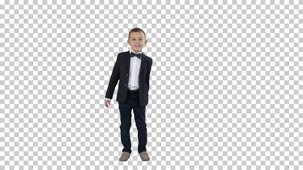 Little businessman presenting something, Alpha Channel