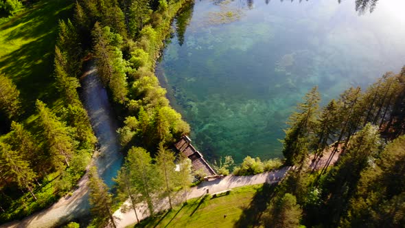 Beautiful view on an with Mountains in Schiederweiher in Upper Austria Drone Video