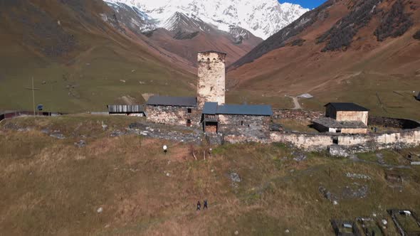 View of the Ushguli Village at the Foot of Mt