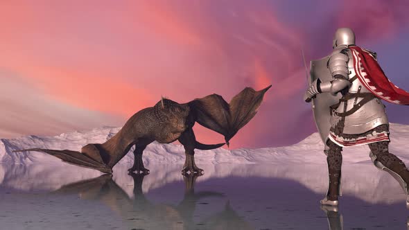 Medieval Knight Fights a Firebreathing Dragon in the Background alt