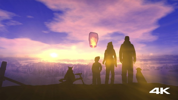 A Family On A Winter Walk Launches A Chinese Lantern 4K