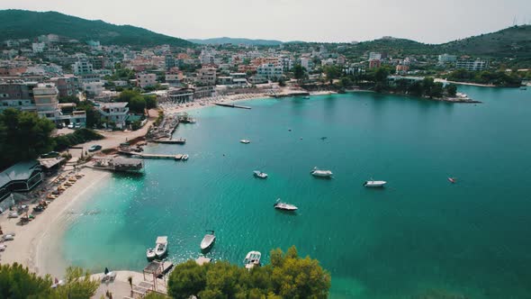 Aerial View Exotic Beach with Turquoise Water in Albania Ksamil Islands