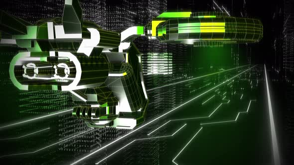 Drone from the future is flying above the Digital City inside of Virtual Reality alt