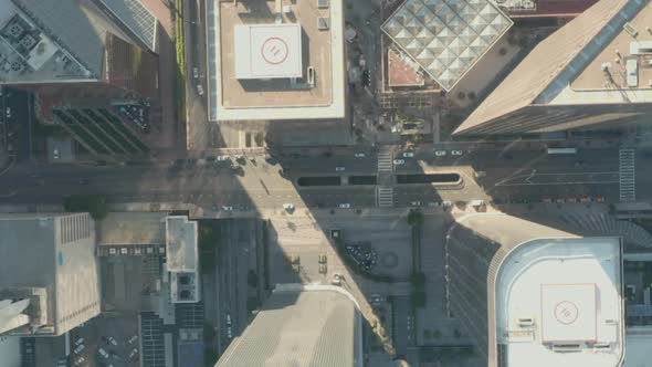 AERIAL: Slow Uplifting Birds Eye View Flight Over Downtown Los Angeles California Grand Avenue in