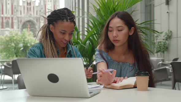 Multiracial Students Study Together Prepare Project Looking Screen Laptop Make Notes Young People