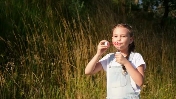 A Small Child is Playing Outdoors Blowing Soap Bubbles Having Fun in the Backyard