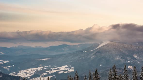 Beautiful Mountain Evening Cloudy Winter Firtree