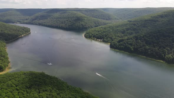 Drone video of boats on the river in Allegheny National Forest in Pennsylvania.