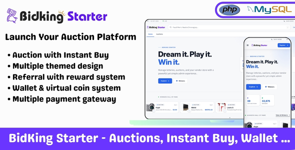 BidKing Starter – Penny Auction & Multi-Vendor PHP Script | Bid Fees & 40 Gateways