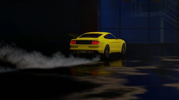 Sports Yellow Car in the Mysterious Dark Garage