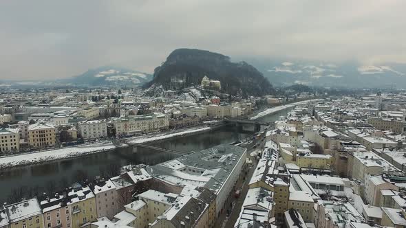 Aerial view of Salzburg on a winter day