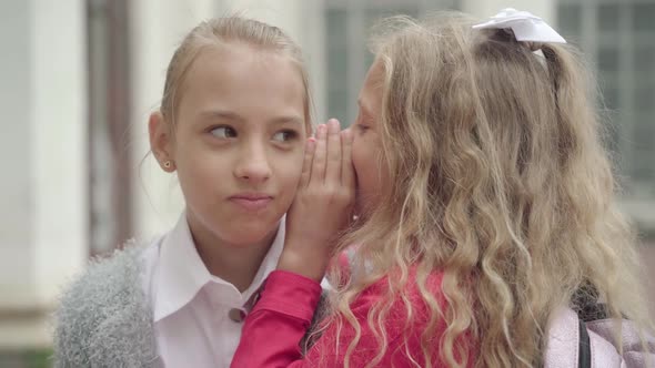 Close-up of Surprised Caucasian Girl Laughing As Friend Whispering on Her Ear, Cheerful Schoolgirls