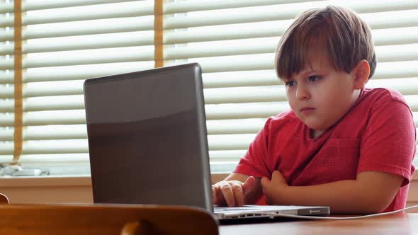 Boy using laptop at home 4k