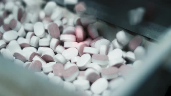Pink and white pills gather inside a container to transport on another machinery in medicine factory