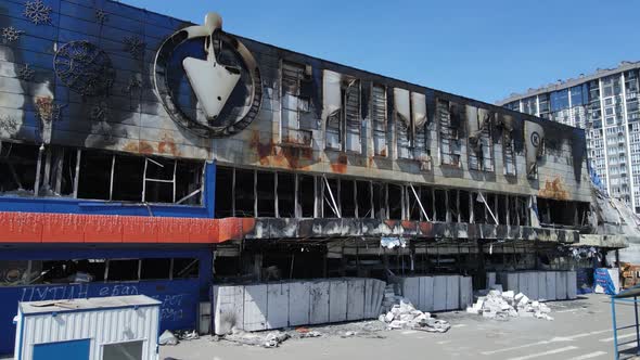 Wartorn Building of a Shopping Center in Bucha Ukraine