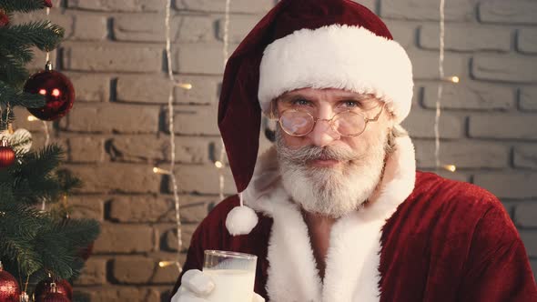 Man in Santa Costume Holding Glass of Milk Sitting Near Xmas Tree