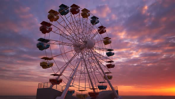 Fun Ferris wheel amusement ride, loopable carousel attraction. Epic sunset. 4KHD