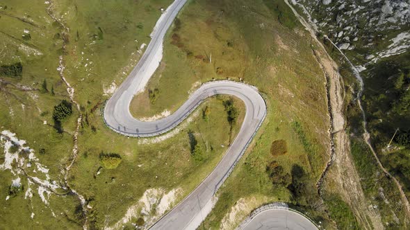 Top Down Aerial View of Curvy Road Pass in Val Gardena Valley, Northern Italy