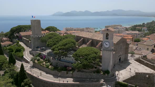 Aerial view of Castre Museum and Our Lady of Hope church in Cannes, France