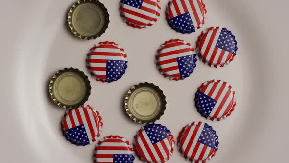 Rotating shot of bottle caps with the American flag printed on them - BOTTLE CAPS