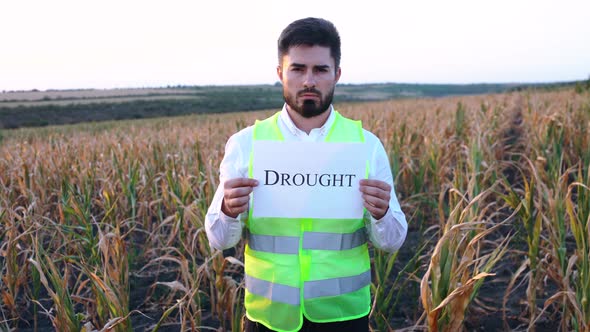 Portrait of a Young Depressed Farmer Holding a Placard in His Hand with the Message DROUGHT