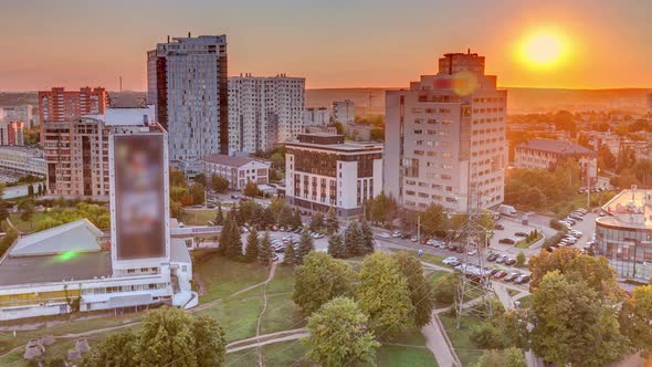 Kharkiv City Panorama From Above at Sunset Timelapse