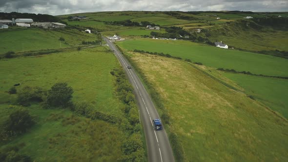 Ireland Rural Road Aerial Shot Cars Riding Near Crossway