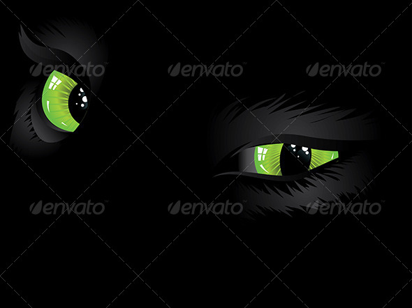 Green Cat Eyes in the Dark