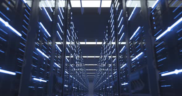 Data Center Computer Racks In Network Security Server Room or Cryptocurrency Mining Farm