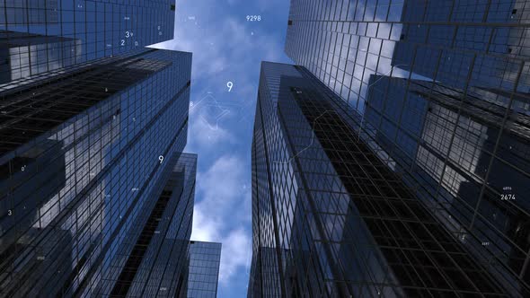 business towers, camera animation among high-rise buildings with blue reflective sky.