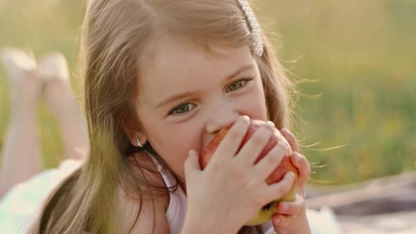 Little Cute Girl with Flowing Hair in a White Summer Dress Lying on a Green Lawn Eating an Apple