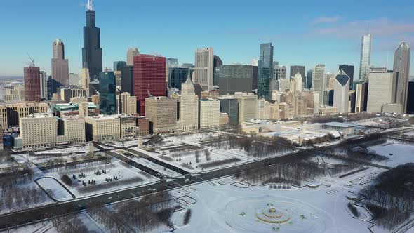 Aerial View of Chicago Skyline in Winter