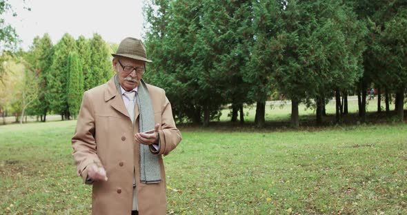 Elegant Senior Man Looks at Camera and Notes Something in Green Sunny Park