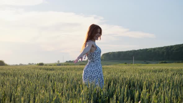 Beautiful Ginger Woman Having Fun Jumping Enjoy Nature Fresh Air Outdoor