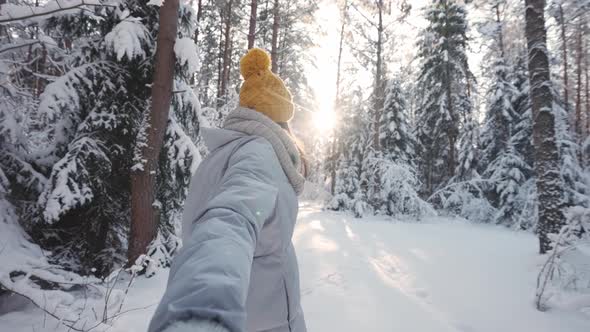 Winter Walk Through the Forest with Young Female Firstperson View a Beautiful Girl Holding Hand and