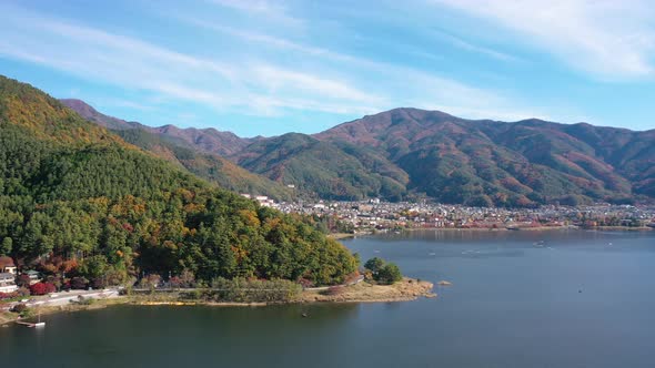 Aerial view 4k video by drone of beautiful Japan autumn at lake Kawaguchiko