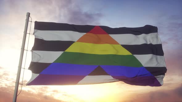 Straight Ally Pride Flag Waving in the Wind Sky and Sun Background