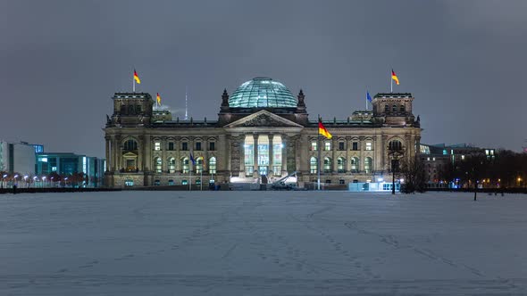 Snowy Night Time Lapse of Reichstag Building, Berlin, Germany