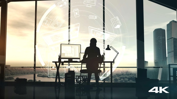 Female Programmer In Office On Infographic Background 4K