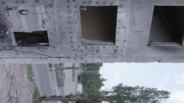 Vertical Video of the War in Ukraine  a Destroyed Building in Borodyanka