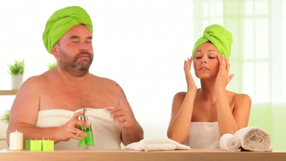 Overweight Man Teach Beauty Treatment to Woman at Health Spa